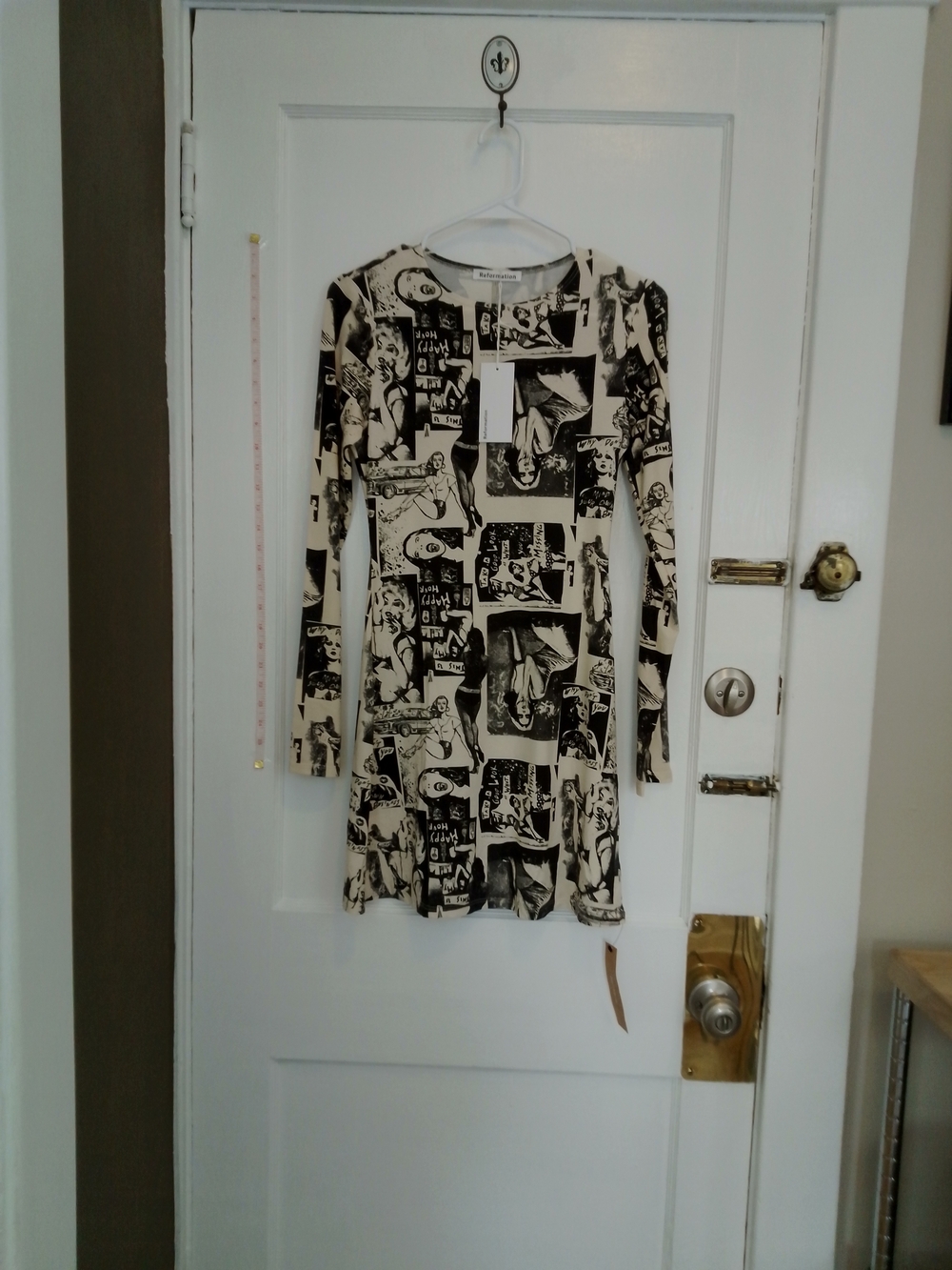 Reformation Black & Cream Graphic Long-Sleeve Dress